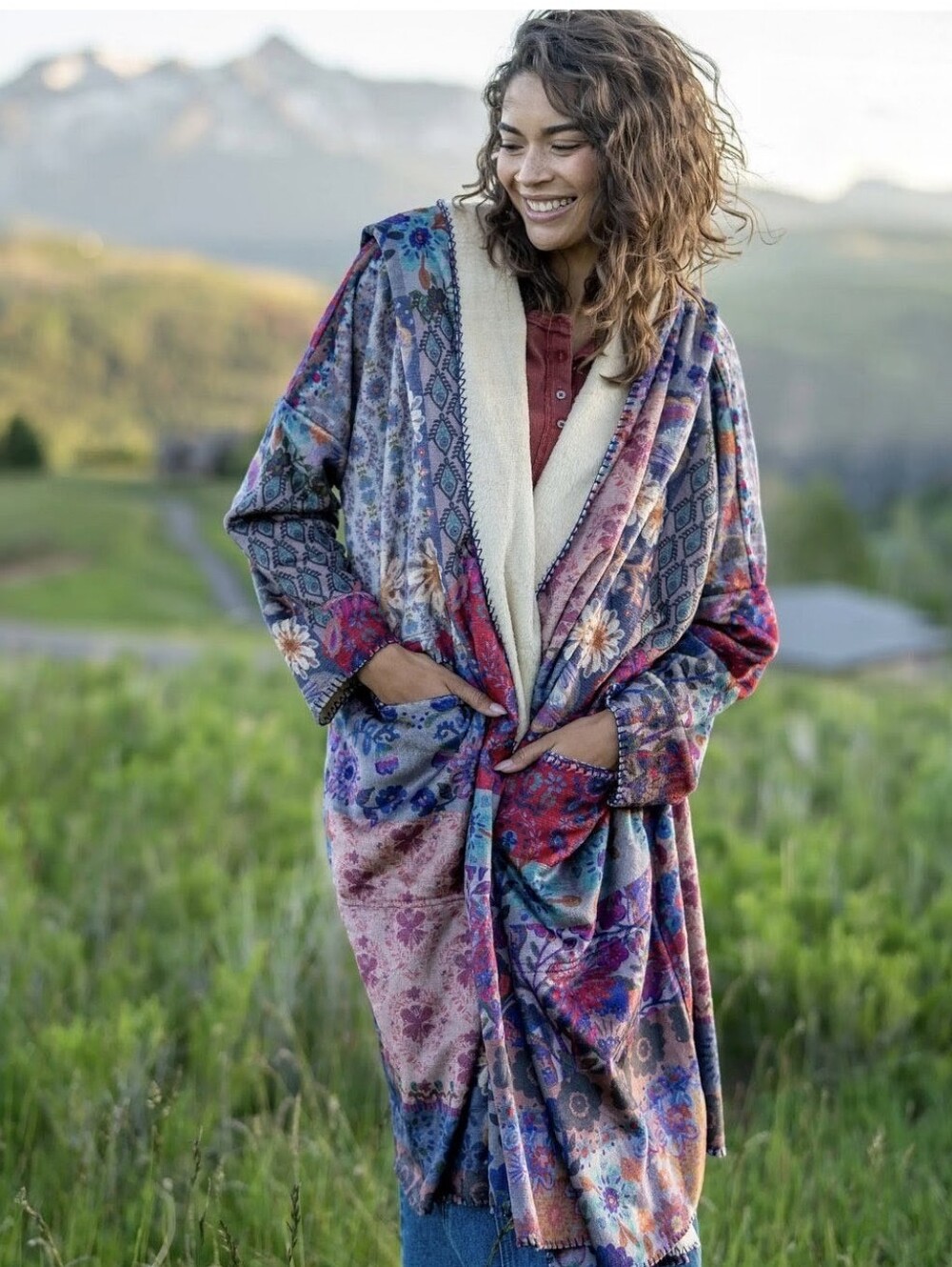 Natural Life Womens Hooded Blanket Robe Boho Jewel Tone Gypsy Floral Medium Smal - Picture 9 of 16
